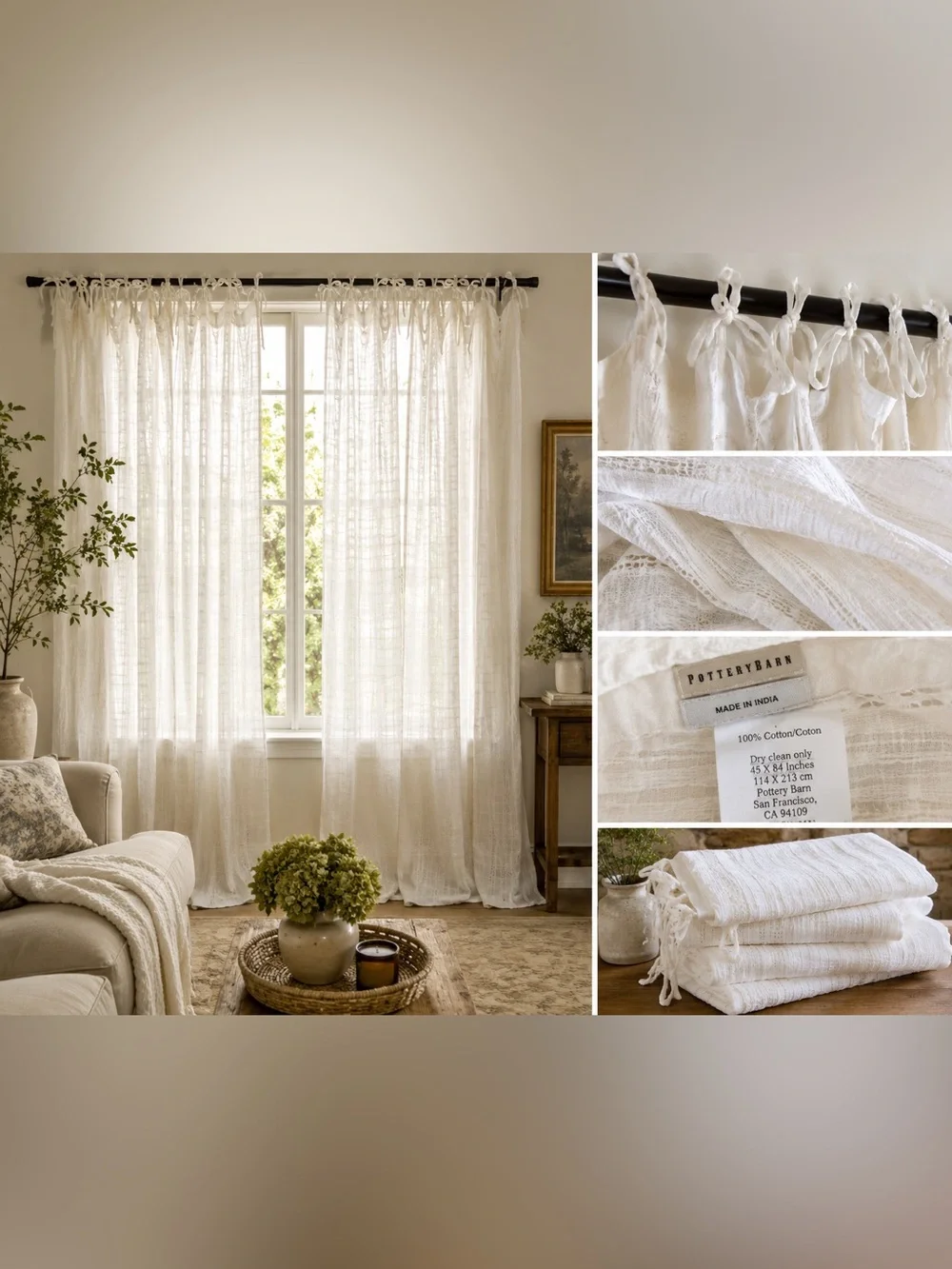 Pottery Barn Set of 4 White Tie Top Sheer Cotton Curtain Panels 45x84